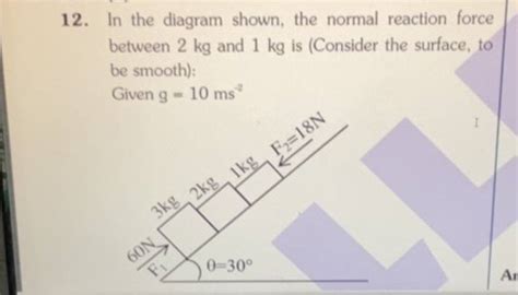 12. In the diagram shown, the normal reaction force between 2 kg and 1 kg..