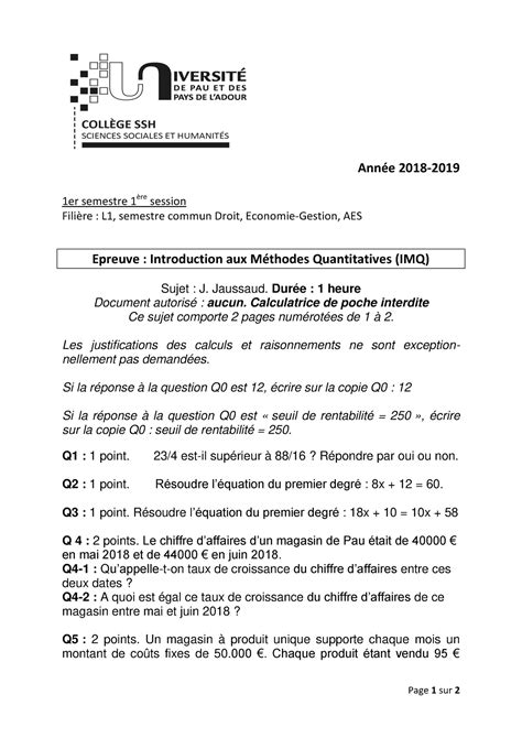 Exam Introduction Aux M Thodes Quantitatives Imq Janv