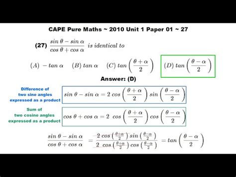 Cape Pure Maths U P Trig Identity Product Formula W Sine