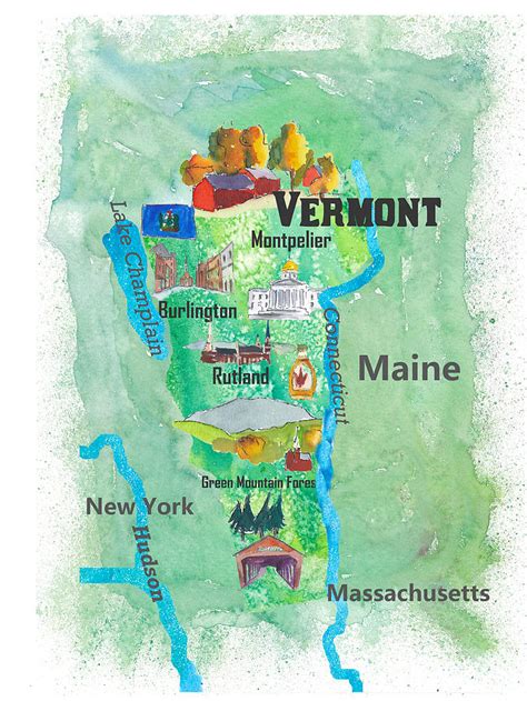 Usa Vermont State Travel Poster Map With Touristic Highlights Painting