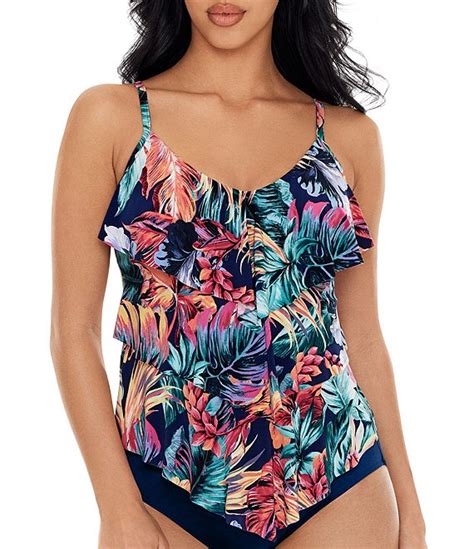 Magicsuit Belize Rita Tropical Print V Neck Ruffle Tankini Swim Top And Solid Jersey Brief Shirred