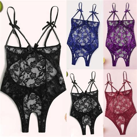 Hesxuno Lingerie For Women Bodysuit Women Bow Lace Hollow Open Crotch Teddy Bodysuit Backless