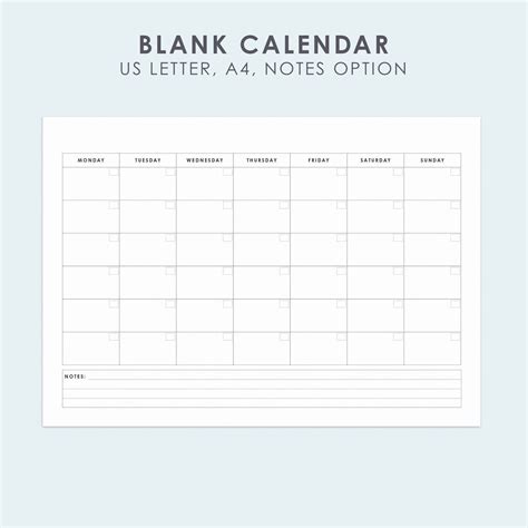 Blank Monthly Calendar With Notes, Fillable Printable PDF Calendar, Landscape, A4, US Letter ...