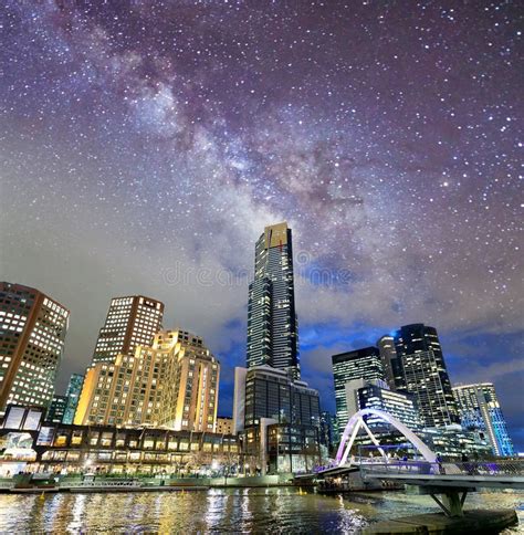 Night City View of Buildings Along Yarra River, Melbourne. Starry Night ...