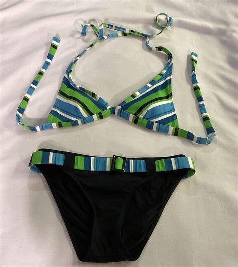 Rampage Y2K Vtg Swimsuit Bikini Set Black Blue Green Gem