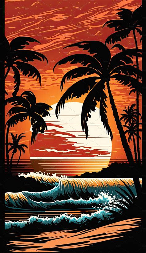 Silhouette Palm Tree On Beach Under Sunset Sky Background Orang Masterbundles