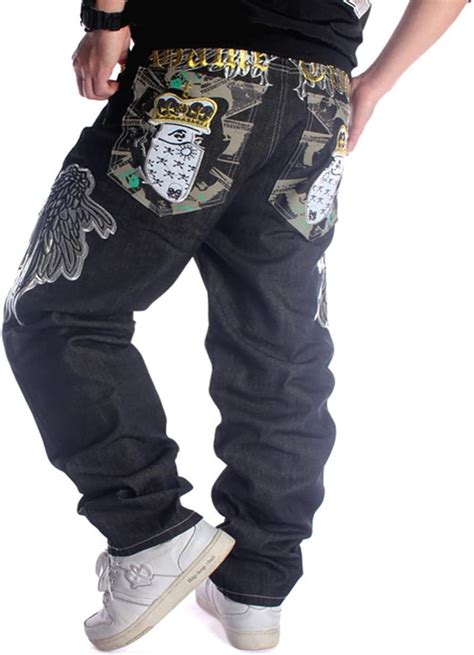 Qbo Men S Vintage Hip Hop Wings Embroidery Baggy Loose Fit Jeans At