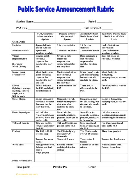 Public Service Announcement Rubric Weebly Doc Template PdfFiller