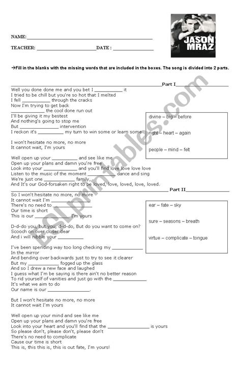 Im Yours Jason Mraz Esl Worksheet By Ingridricci