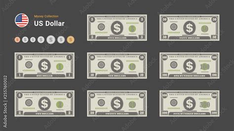 US Dollar bills. American money banknotes and coins. Currency vector set. Stylized drawing of ...