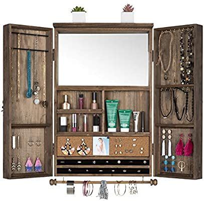 Rustic Wall Mounted Jewelry Organizer with Mirror