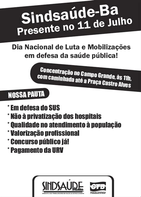 Sindsaúde Ba 11 de Julho Dia Nacional de Luta e Mobilizações