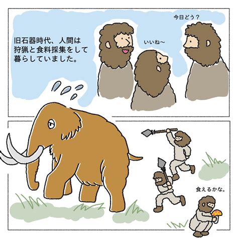 「人類がなぜ農耕を始めたのか、子供も理解しやすいように イラストで描いてみました。 専門用語は使わず、ざっくりイメージで」ちょろぼーゆる