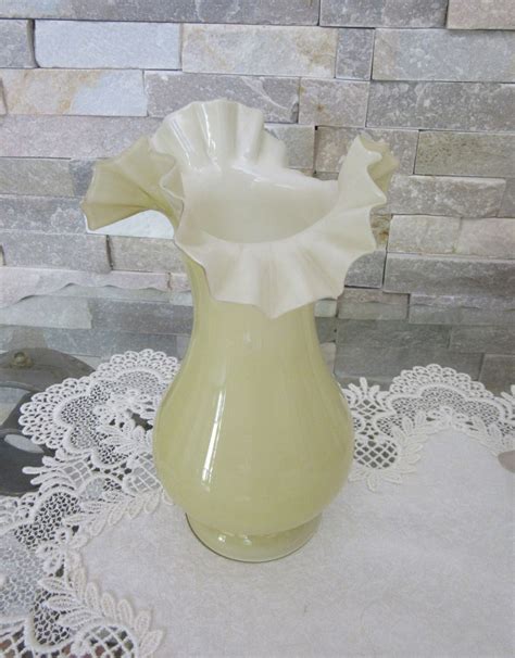 Vintage Pale Yellow White Cased Glass Vase With Ruffled Rim Etsy