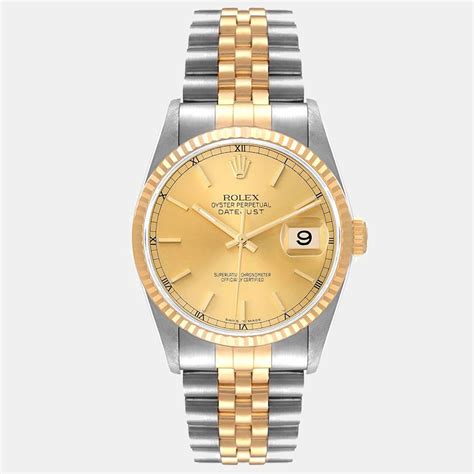 Pre Owned Rolex Champagne 18k Yellow Gold And Stainless Steel Datejust 16233 Mens Wristwatch 36