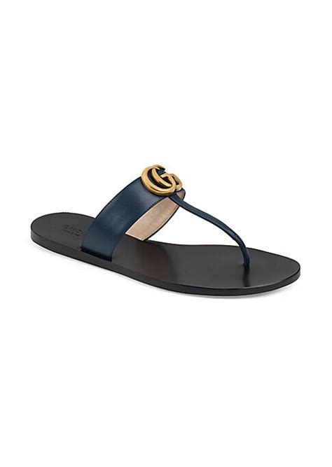 Gucci Marmont Leather Thong Sandals With Double G Blue Agata