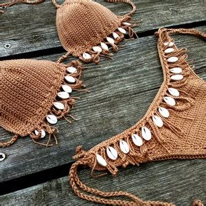 Crochet Bikini Set In Tan Brown Bronze With Natural Shells Can Be Made In Any Color Etsy
