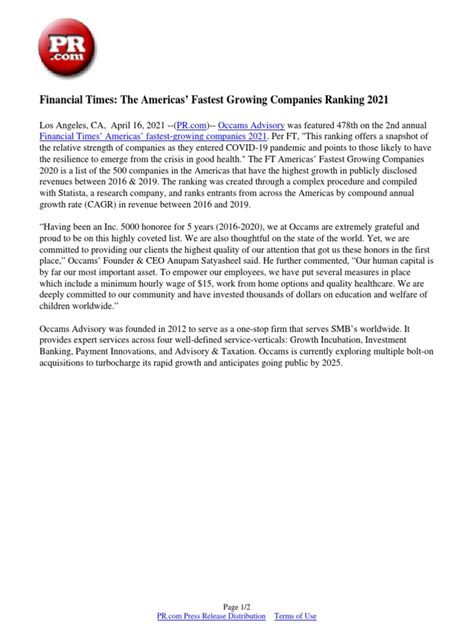 Financial Times The Americas Fastest Growing Companies Ranking 2021