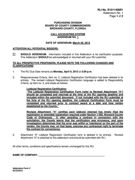 Fillable Online Broward RLI No R1011409R1 Addendum No 1 Page 1 Of 2