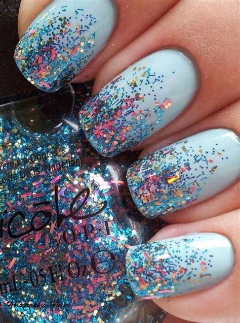 glitter dipped light blue nails - Favnails