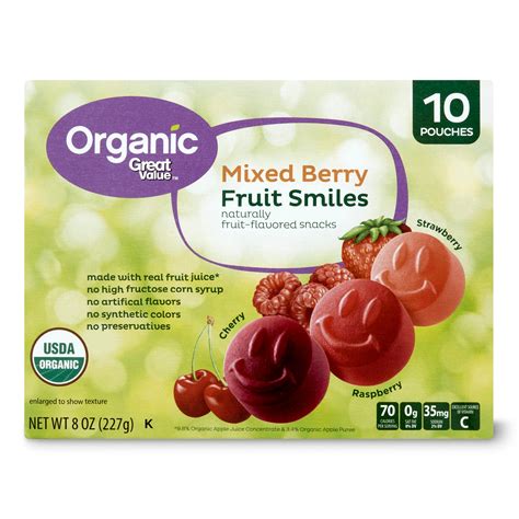 Great Value Organic Mixed Berry Fruit Smiles 8 Oz 10 Count