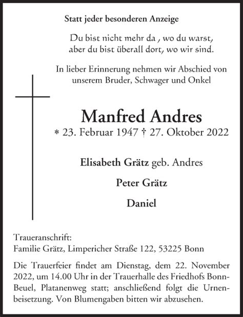 Traueranzeigen Von Manfred Andres WirTrauern