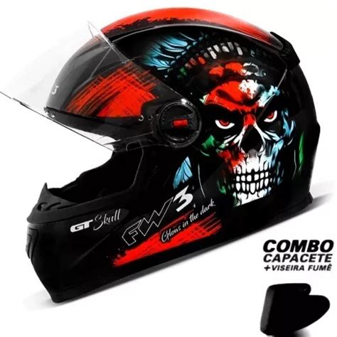 Capacete Gt Skull Caveira Preto Brilhante Brilha No Escuro Frete grátis