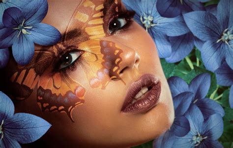 Wallpaper Look Girl Flowers Face Butterfly Portrait Beauty