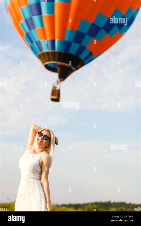 Girl And A Hot Air Balloon Stock Photo Alamy