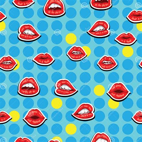 Red Lips With Smile On Blue Background Sensual Female Mouth With White