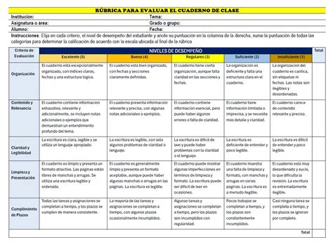 R Brica Para Evaluar El Cuaderno De Clase Tu Maestros