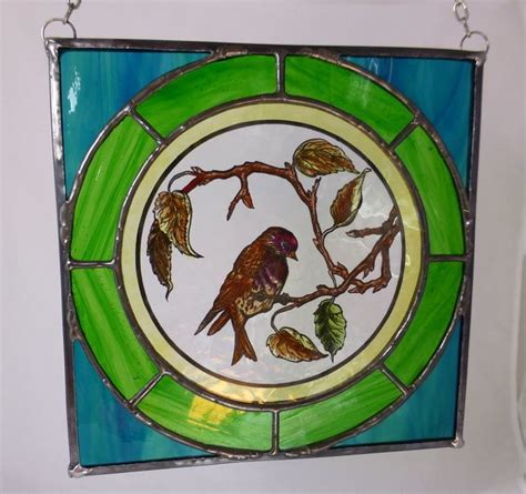 Stained Glass British Bird Panel With Hand Painted Redpoll Roundel Mto Hand Painted Painting