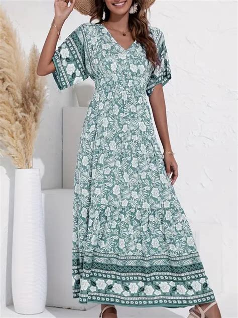 Floral Print Bohemian Maxi Dress V Neck Short Sleeve Dress Temu