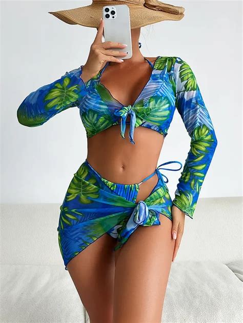 PASUXI Fashion Sexy Bikini Set Plus Size 3 Pieces Swimwear Print Flower Fabric Belted Long