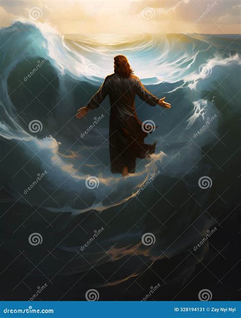 Back View Of Jesus Christ Walking On Water At Sea Stock Image Image