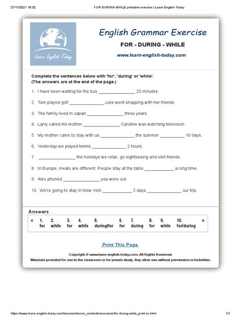 For During While Printable Exercise Learn English Today Pdf