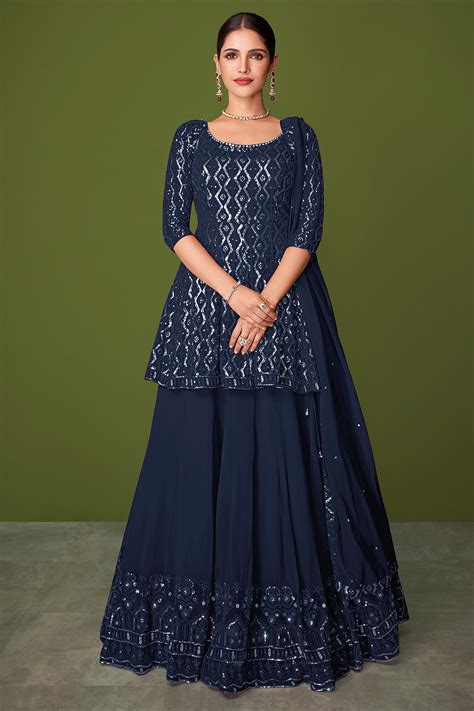 Buy Navy Blue Georgette Embroidered Long Kurti Lehenga With Dupatta