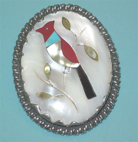 Old Zuni Hand Signed Sterling Silver Coral Onyx Mop Inlay Cardinal Bird