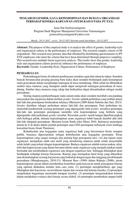 Pdf Pengaruh Gender Gaya Kepemimpinan Dan Budaya Organisasi Terhadap