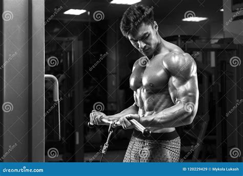 Muscular Man In Gym Doing Exercises For Biceps Working Out Bodybuilding Male Naked Torso Abs