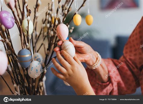 Close Decorating Pussy Willows Branches Putting Easter Eggs Them Concept Stock Photo
