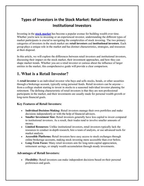 Types of Investors in the Stock Market Retail Investors vs