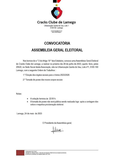 Convocatória Assembleia Geral Eleitoral Cracks Clube de Lamego