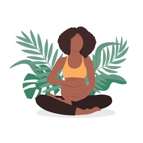 Pregnant African Happy Woman Meditating In Nature And Leaves Concept