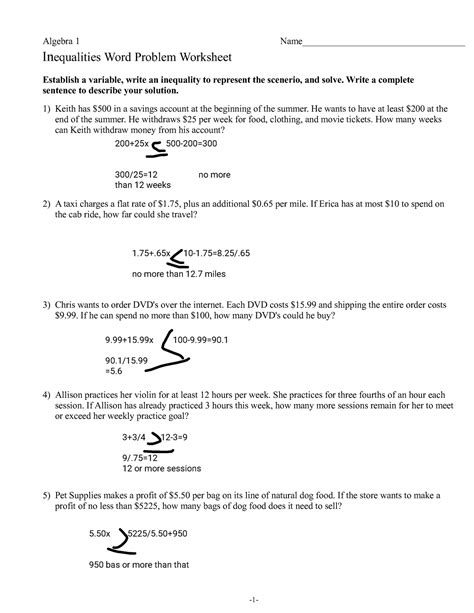 Inequality Word Problems Worksheet