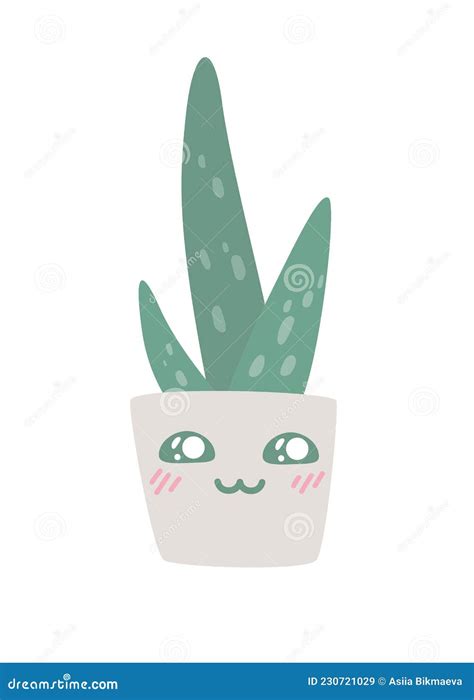 Hand Drawn Cute Aloe Vera Plant Growing In Pot Kawaii Aloe In Pot