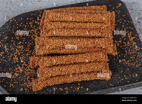 Sesame Stick Crackers Crispy Bread Straw Pretzel Bread Sticks With Sesame Seeds Snacks Stock