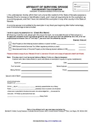 Nevada Affidavit Of Surviving Spouse For Property Tax Exemption Form