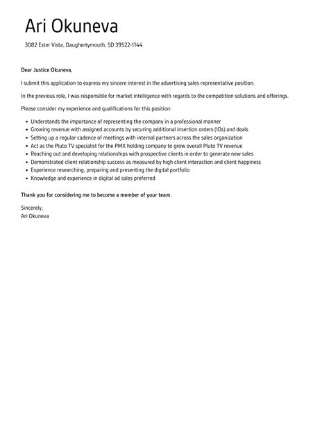 Advertising Sales Representative Cover Letter | Velvet Jobs