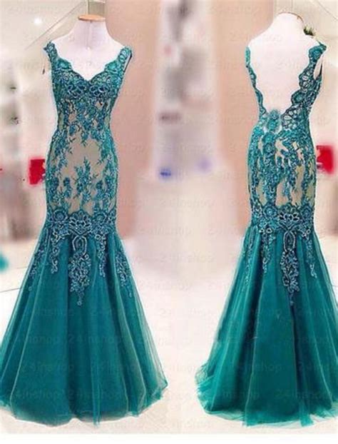 Green Mermaid Prom Dress Lace Appliques Tulle Party Dress Long